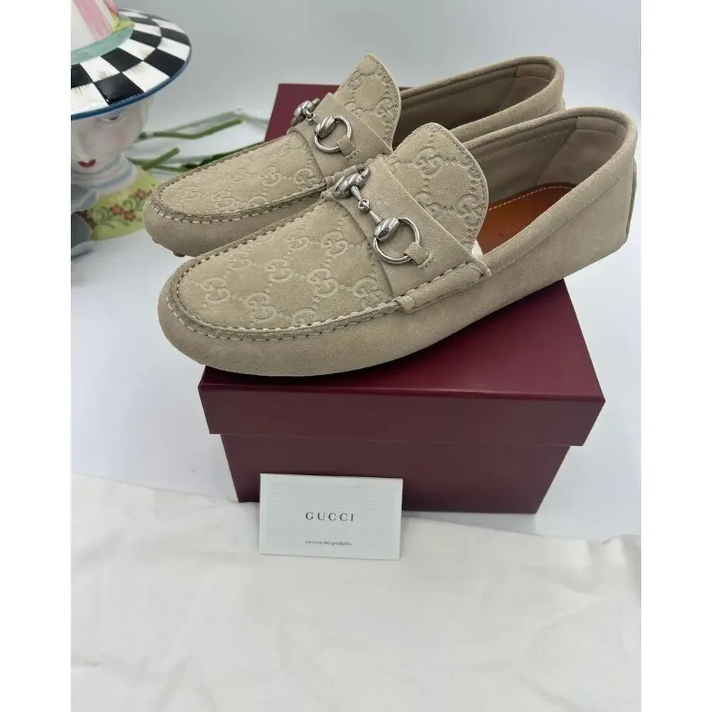 Men's Gucci suede oatmeal GG embossed driver loafers size 8 fits 8.5 US